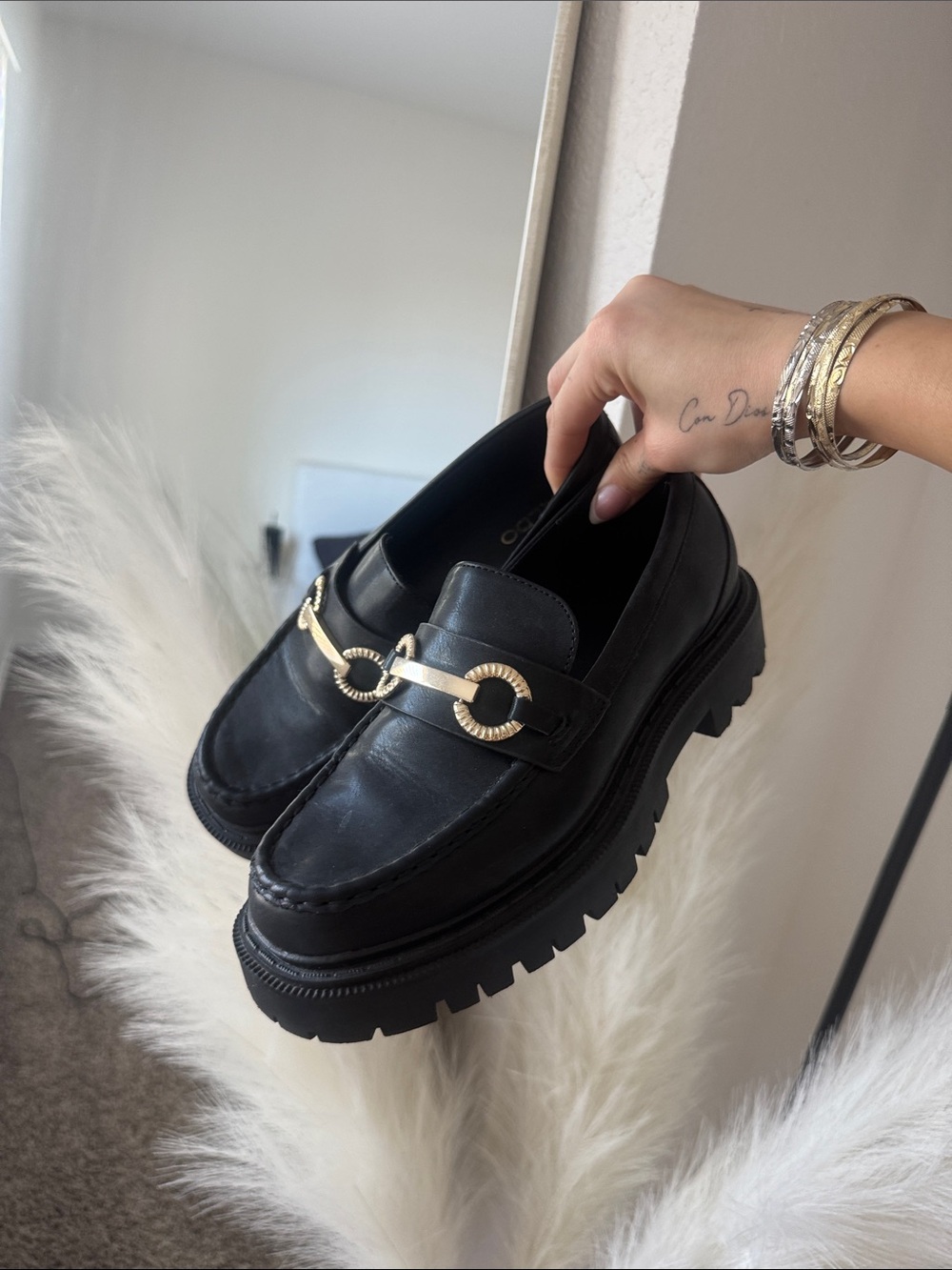 Aldo Black Leather Lug Sole Loafers with Gold Chain Bit